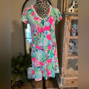 Lilly Pulitzer Pink and Green Tropical Dress Pom Pom